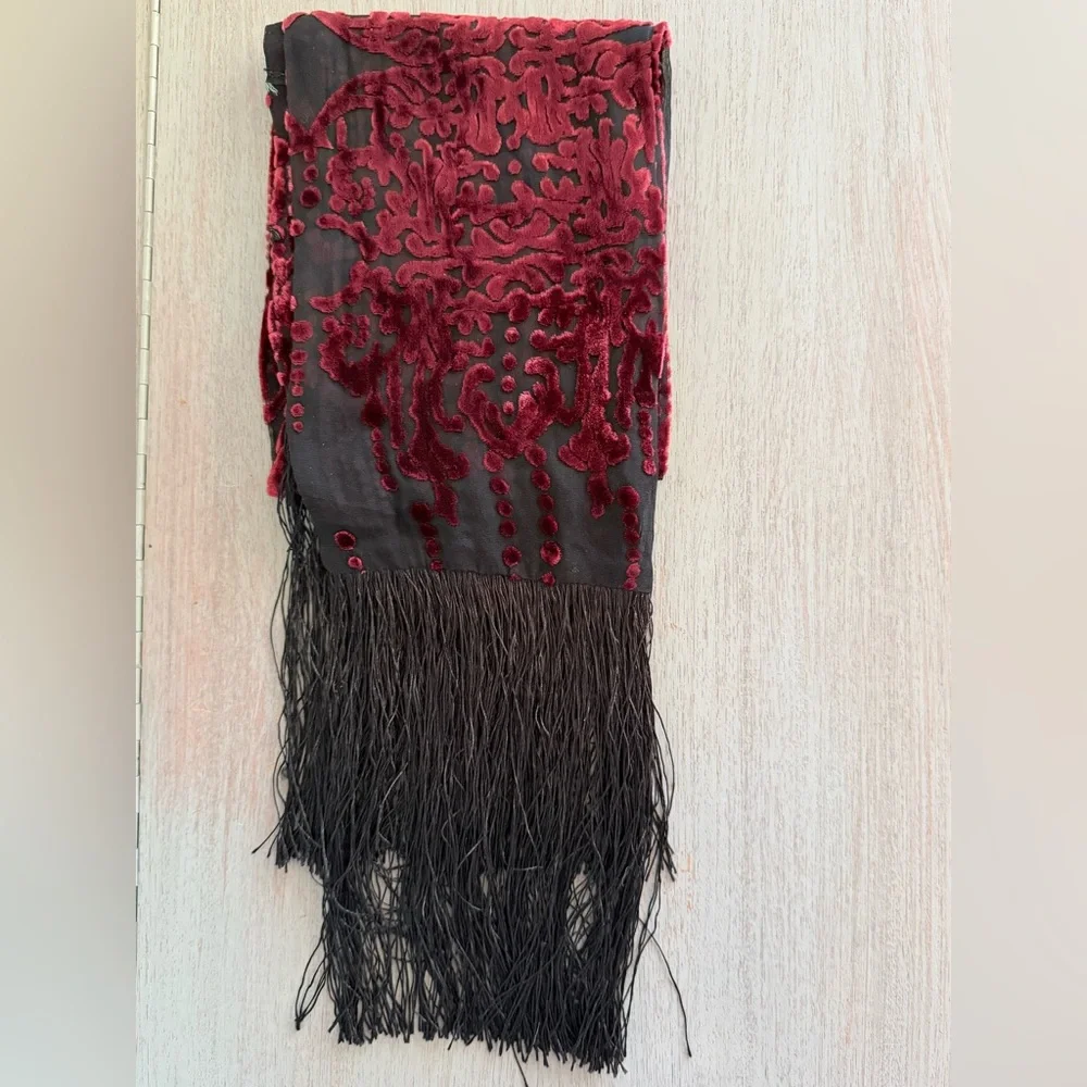 Vintage Burgundy Burnout Velvet Fringe Boho Scarf Art‎ Deco Revival Whimsigoth